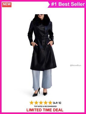 Faux Leather & Faux Fur Belted Trench Coat Long Sleeve